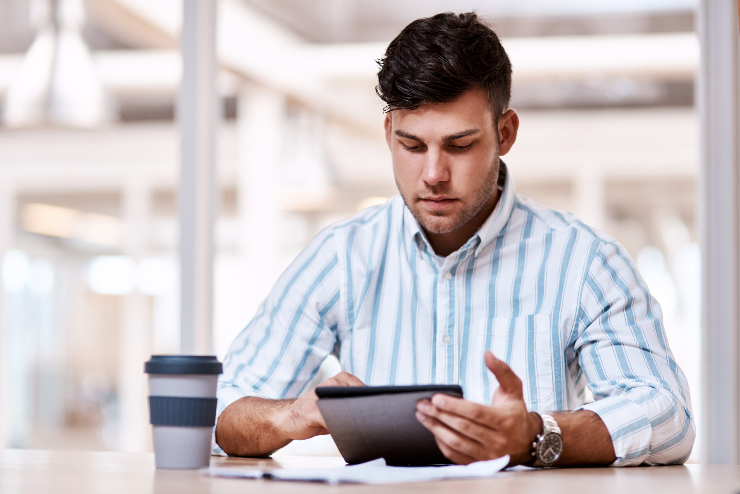 Professional studying in tab. Microlearning.